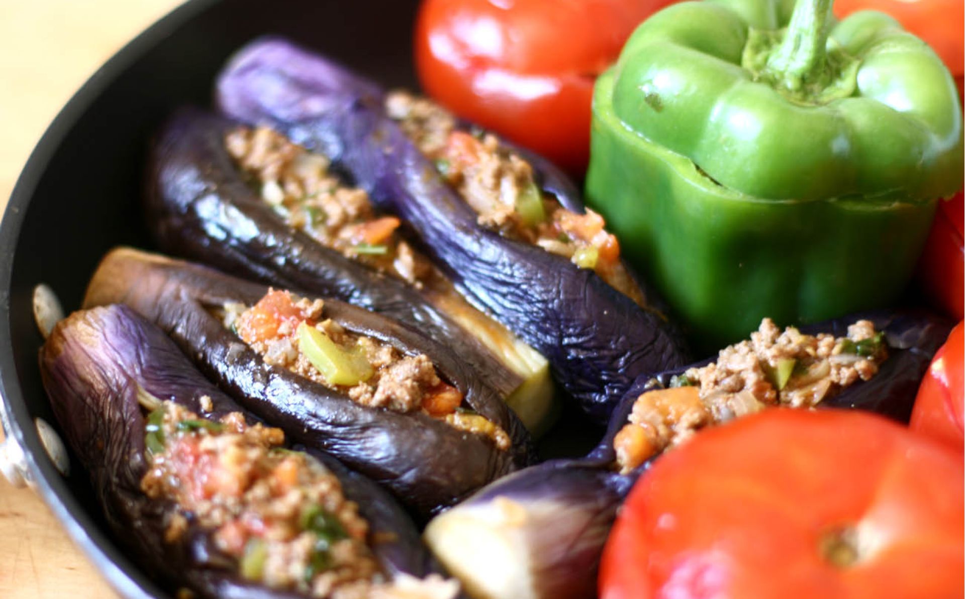 Traditional Azerbaijani stuffed eggplants, peppers and tomatoes