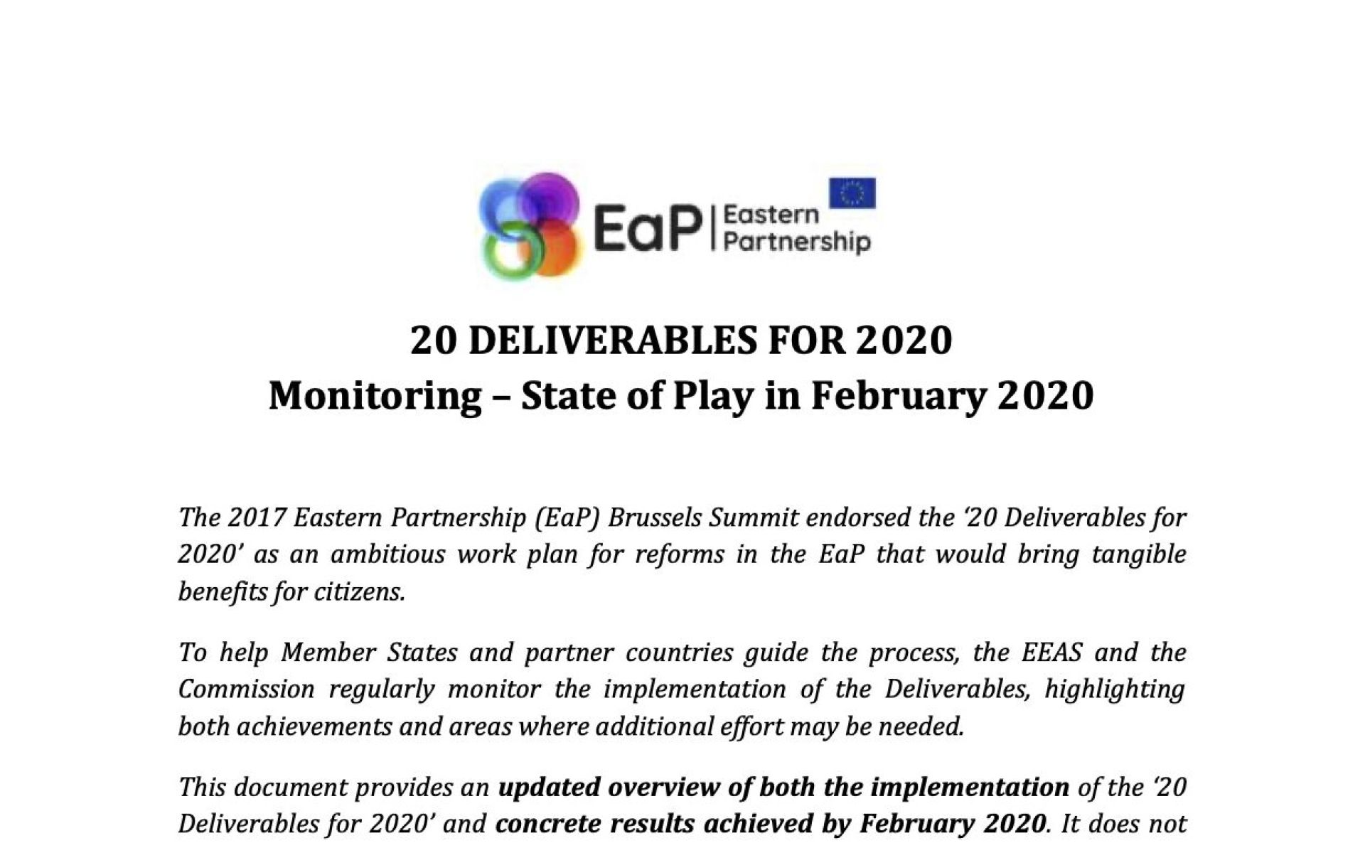 20 DELIVERABLES FOR 2020 Monitoring – State of Play in February 2020