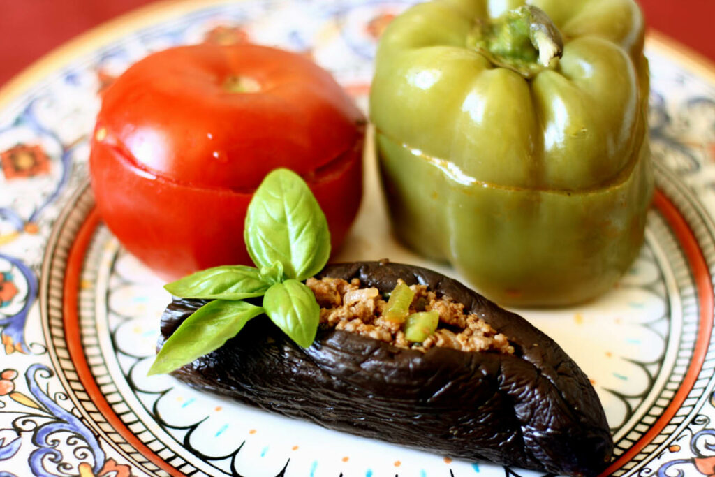 Traditional Azerbaijani stuffed eggplants, peppers and tomatoes