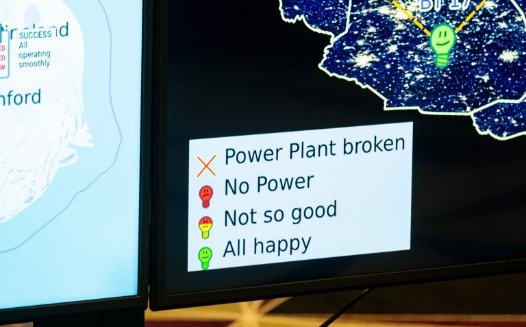 A screen displaying information about a simulated country with power plants and connectivity data